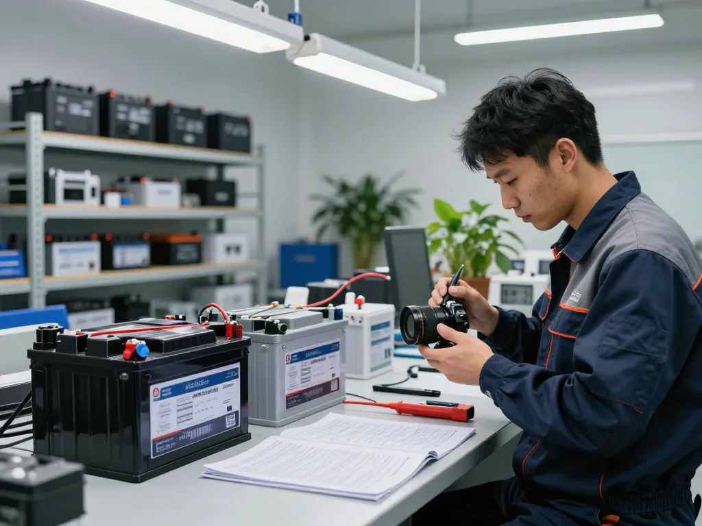 Technicus analyseert AGM-batterijen in een moderne werkplaats, met een showcase van variëteit en onderhoudsdeskundigheid.