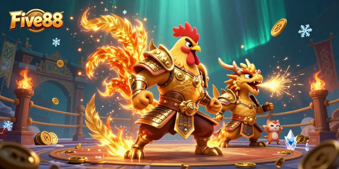 Engage in thrilling battles at Five88 with dynamic fighting rooster and dragon characters in an epic casino scene.