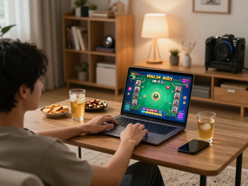 Engaged player enjoying xóc đĩa online on a laptop, creating a cozy gaming atmosphere.