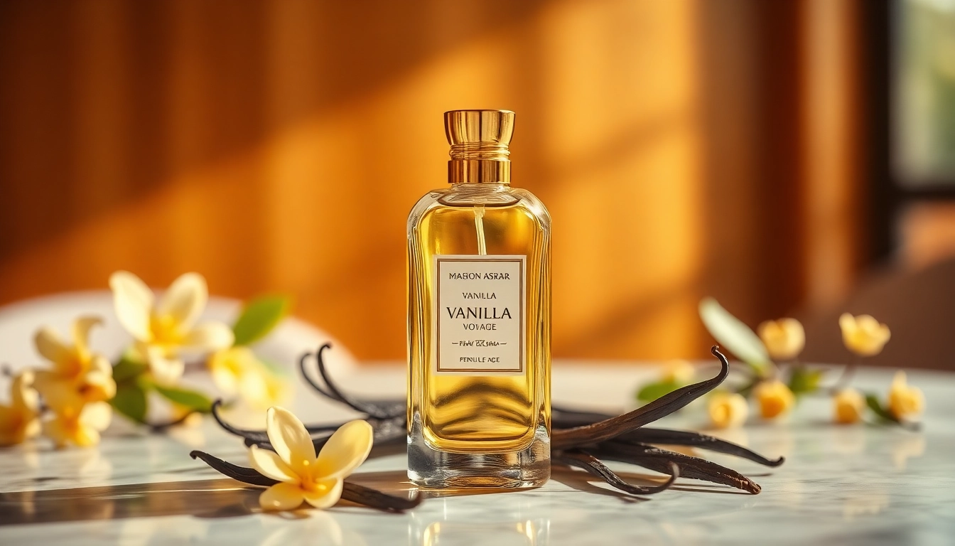 Capture Vanilla Voyage by Maison Asrar bottle emphasizing its elegance and allure in a rich, natural setting.