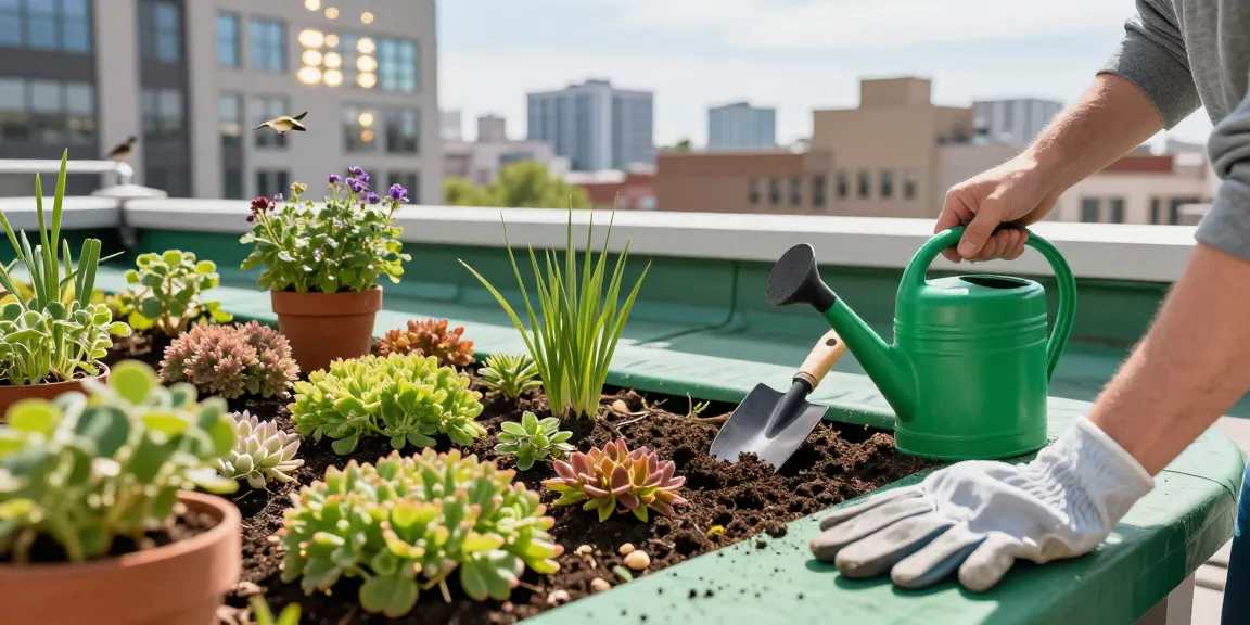 wat kost een groendak per m2 afgebeeld in een levendige daktuin, met sedumplanten en gereedschap in een zonnige stedelijke omgeving.