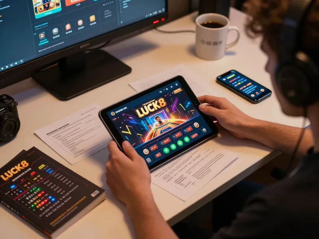 Engaging gaming session on the LUCK8 casino app with strategic betting notes and coffee.