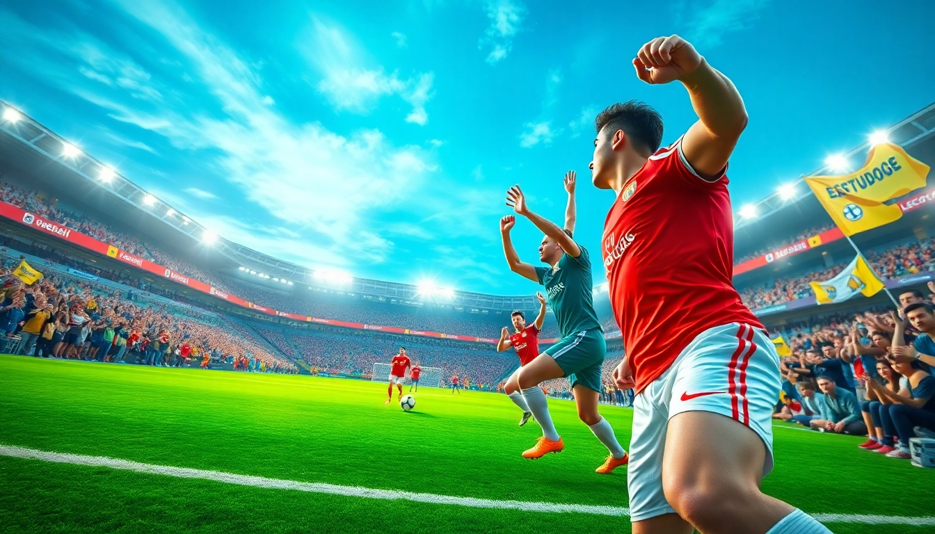 Watch live soccer action and celebration at https://socolive.spot/ stadium with fans and vibrant colors.