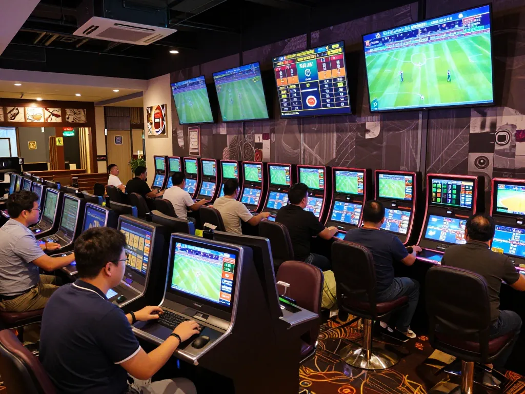 Engaging sports bettors analyzing kèo nhà cái odds in a lively casino setting