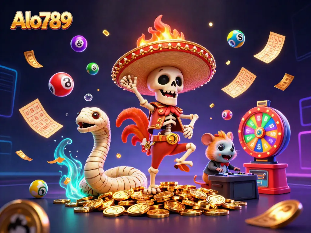 Alo789 features a victorious mariachi rooster dancing on gold coins, surrounded by colorful lottery elements.