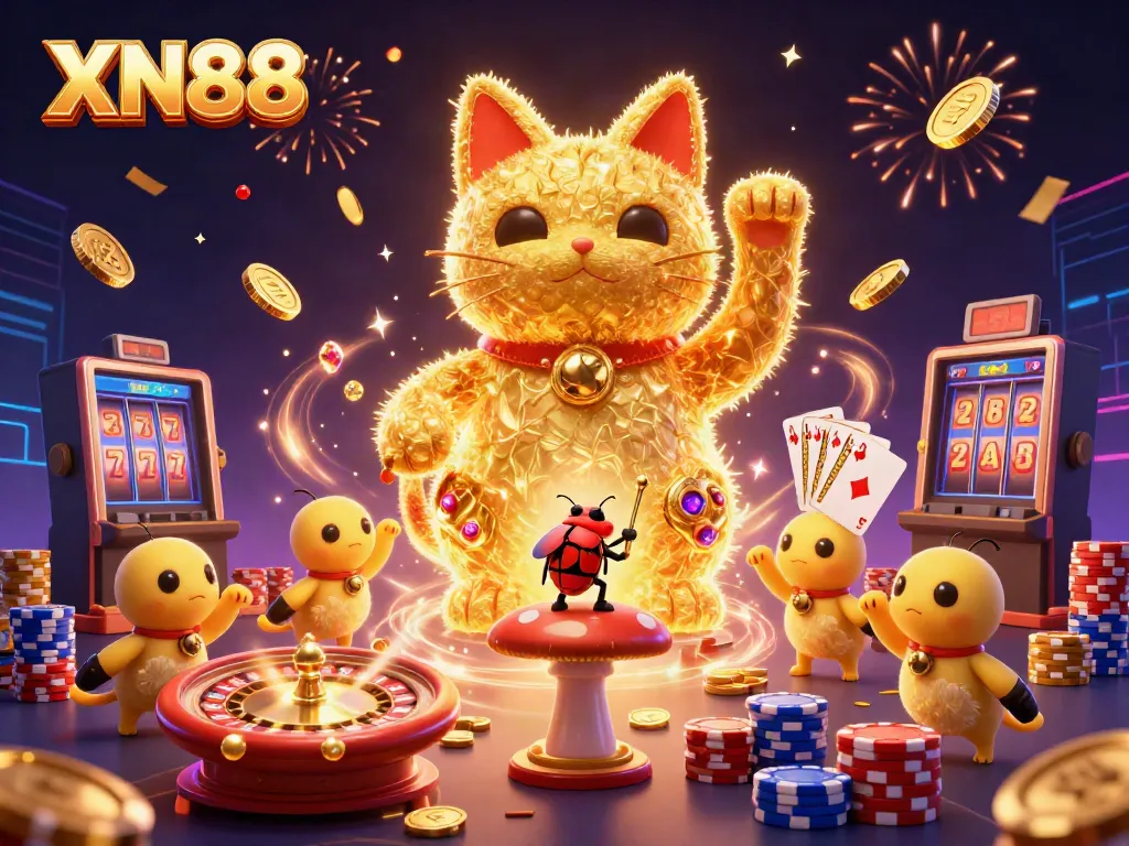 Experience XN88 excitement with a giant lucky cat and engaging casino elements illustrating a vibrant gaming scene.