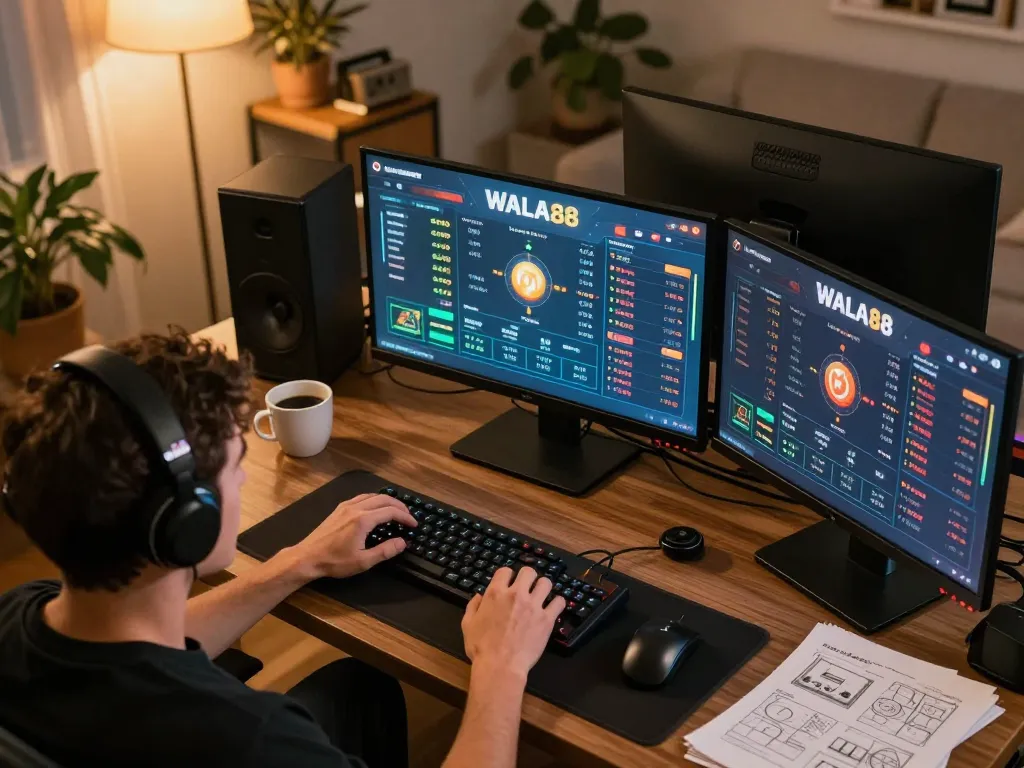 WALA88 player enjoying live betting experience at home with detailed screens showing current odds and gameplay.