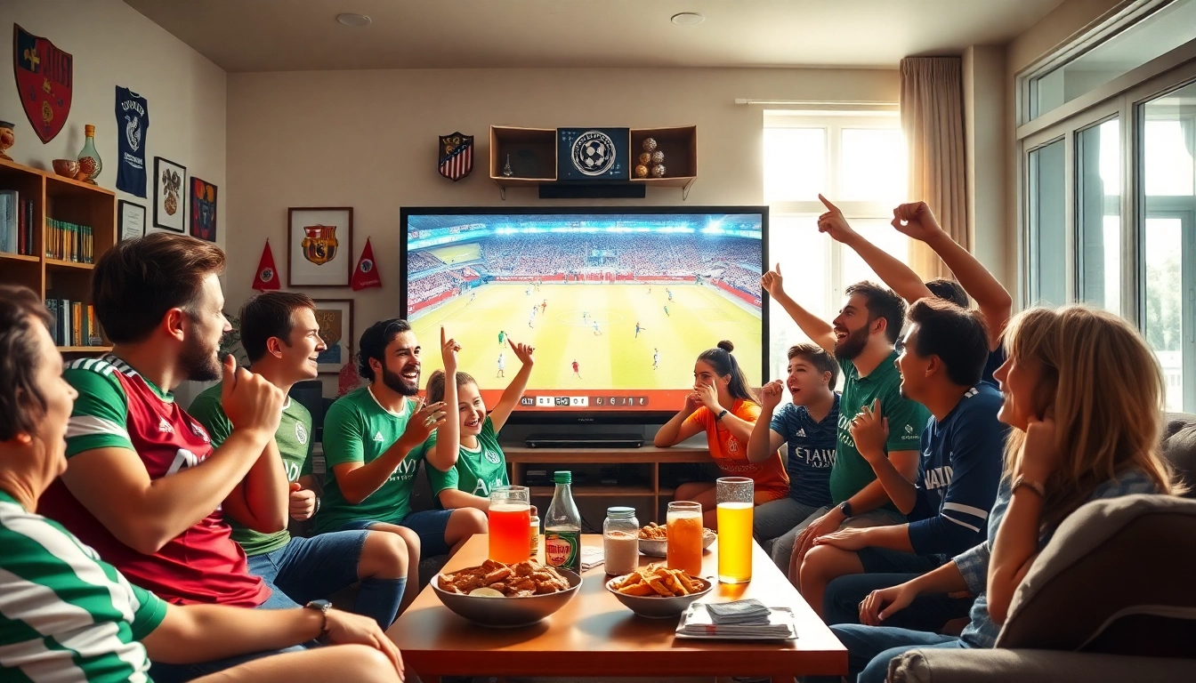 Live soccer fans enjoying a game through https://socolive.gold/ in a cozy setting with vibrant expressions and team spirit.