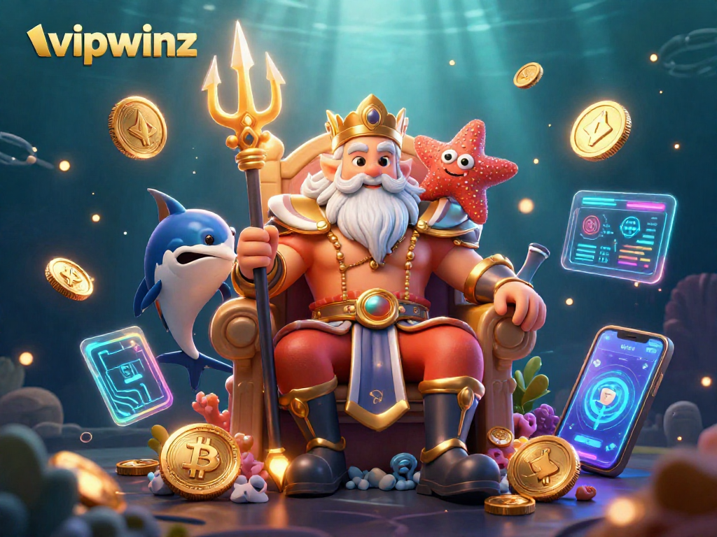 Experience the thrill of vipwinz in a vibrant underwater casino scene with NFT elements and glowing crypto coins.