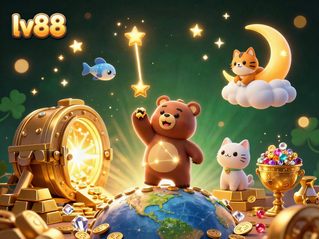 Experience the excitement of lv88 with an engaging 3D casino illustration filled with treasures and gaming elements.