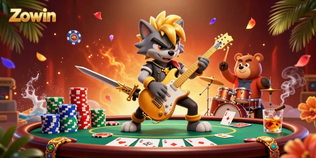 Zowin captivates players with a vibrant casino scene featuring dynamic game elements and colorful characters.