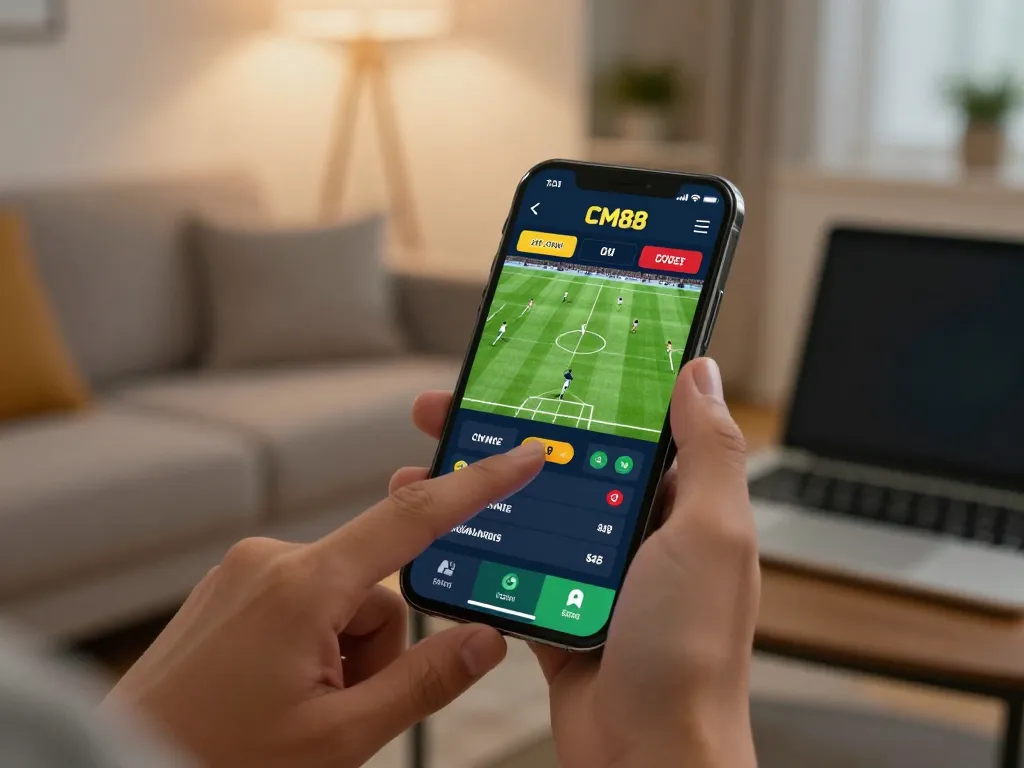 Engaging mobile sports betting on CM88 app during a live football match in a cozy home setting.