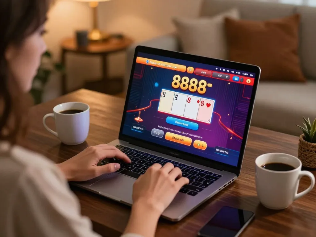 Engage in exciting gameplay on 888now com through a laptop in a cozy home setting.