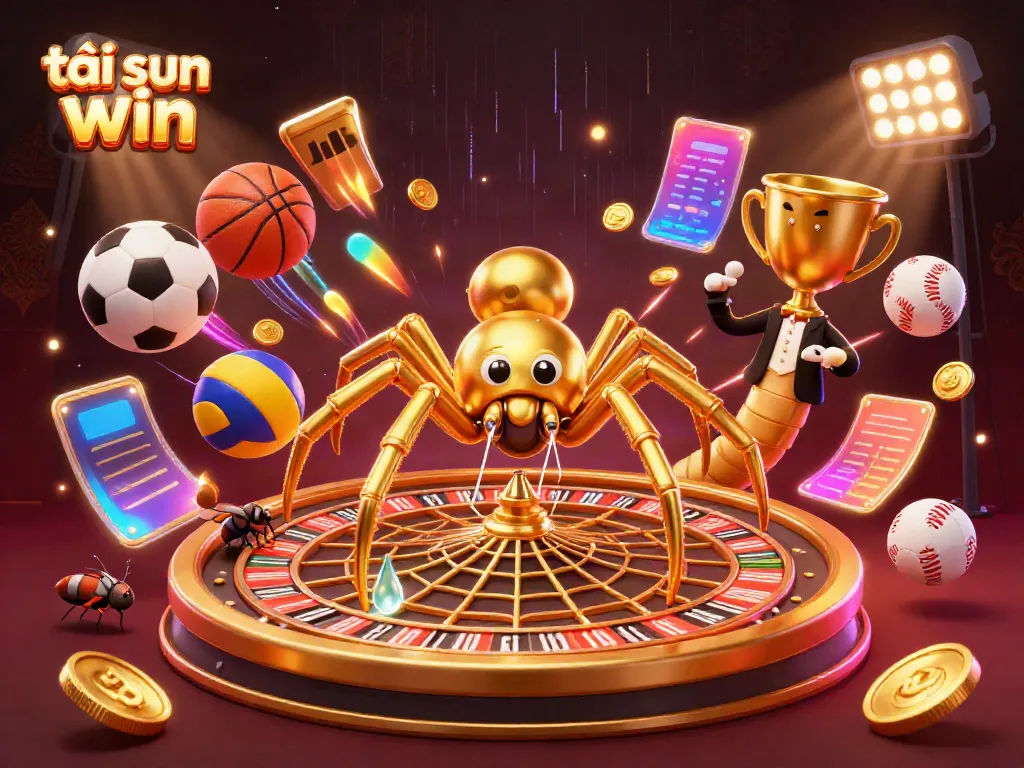 Engaging scene showing a golden spider spinning a roulette web with acute details while a fly bets nervously, incorporate tải sun win for a dynamic online gaming experience.