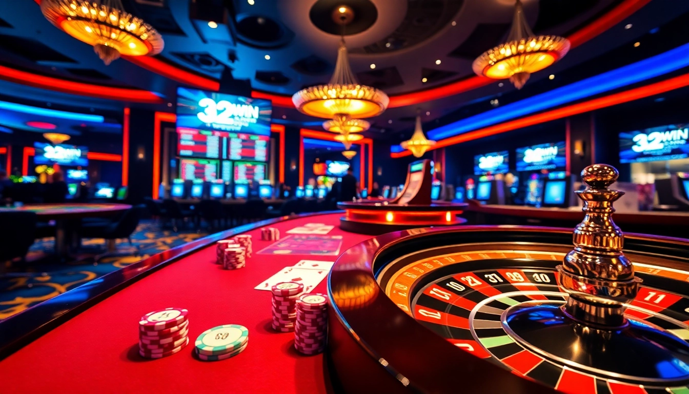 Experience the thrill of betting at 32WIN's vibrant casino table with poker chips and cards.