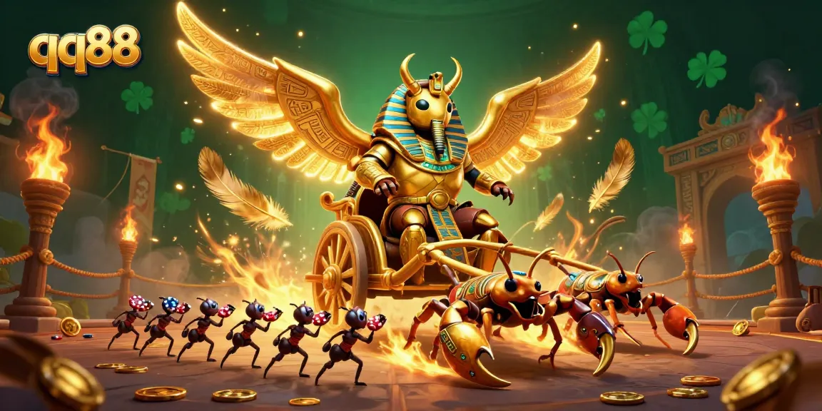 Place your bets at qq88 and enjoy thrilling games with a captivating illustration of a golden scarab and scorpions.