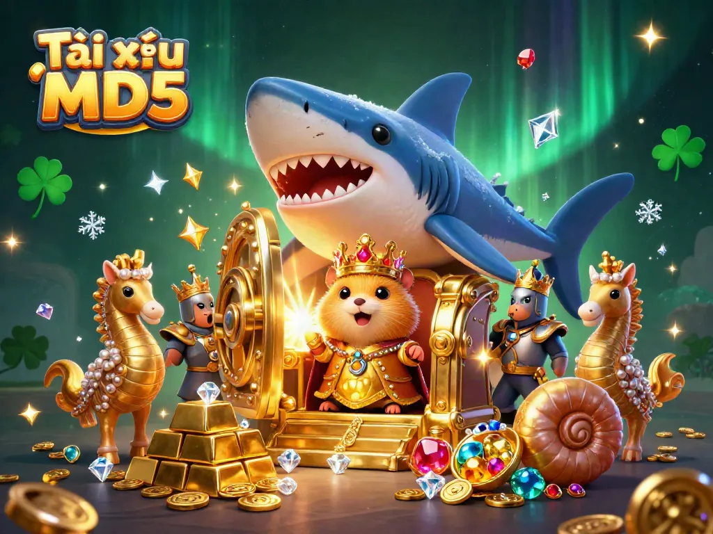 Tài xỉu MD5 game features a royal golden hamster king amidst treasure, showcasing wealth and excitement in an online casino.