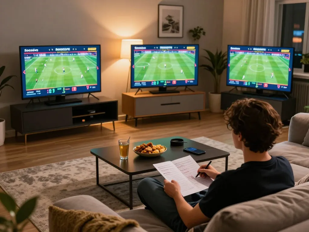 Socolive user strategizing for online betting with live sports displayed during a cozy game night