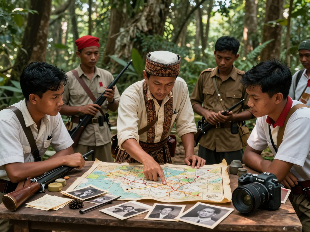 Indonesian revolutionaries planning against Dutch colonial forces, highlighting the historic struggle in the rokok88 rtp narrative.