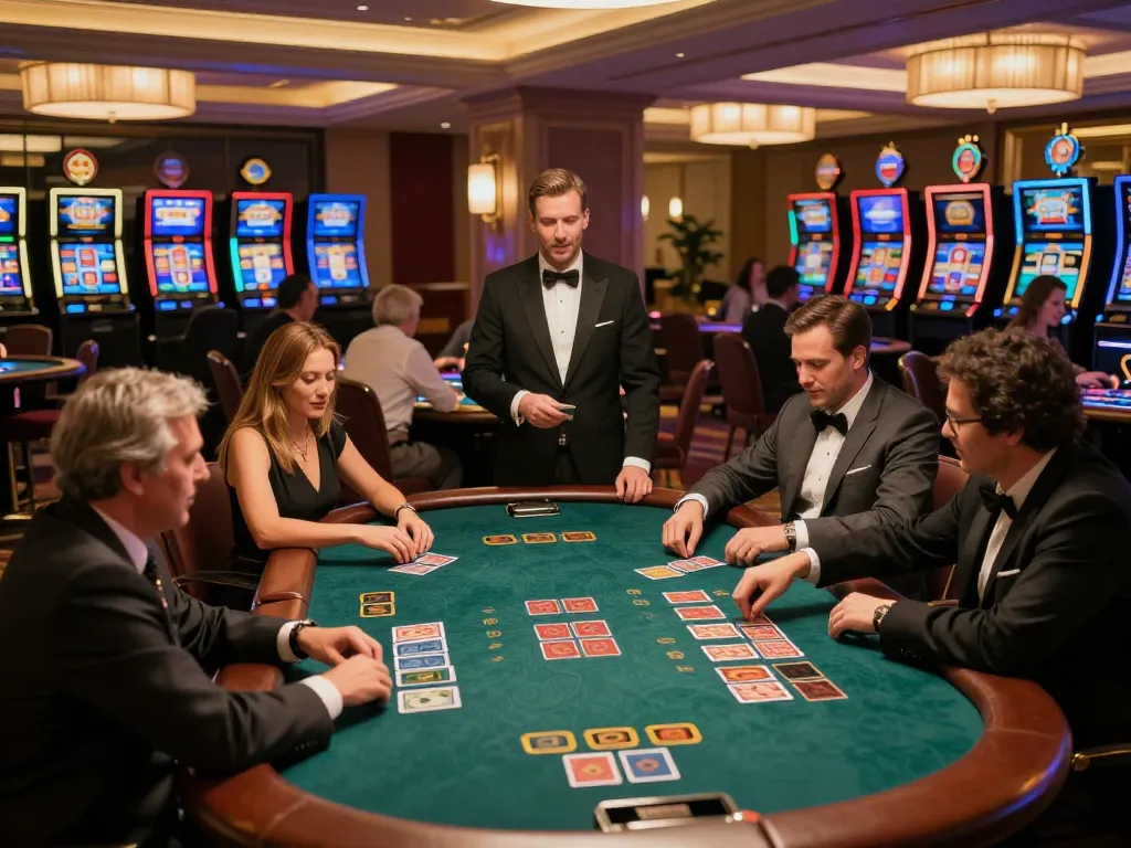 Engaging gameplay at 98win8.co.com with players enjoying lively card games in an upscale casino.