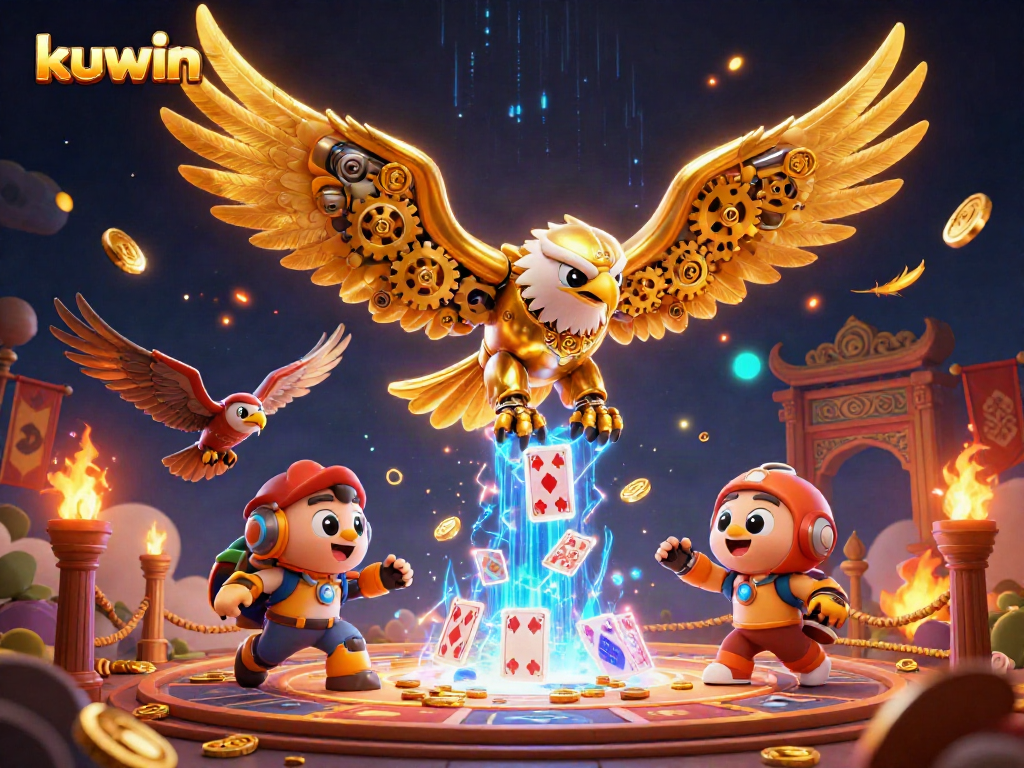 Capture the thrilling action of Kuwin's cybernetic eagle soaring through holographic cards amidst a dynamic casino scene.