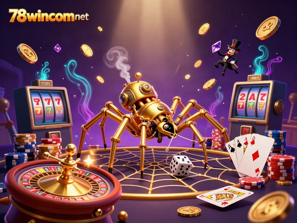 Experience the excitement of betting at 78wincom net with a lively casino scene featuring a golden spider and classic game elements.