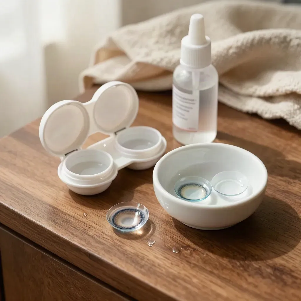 Open contactlenzendoos met salinefles en lensjes in een keramische schaal op warm hout.