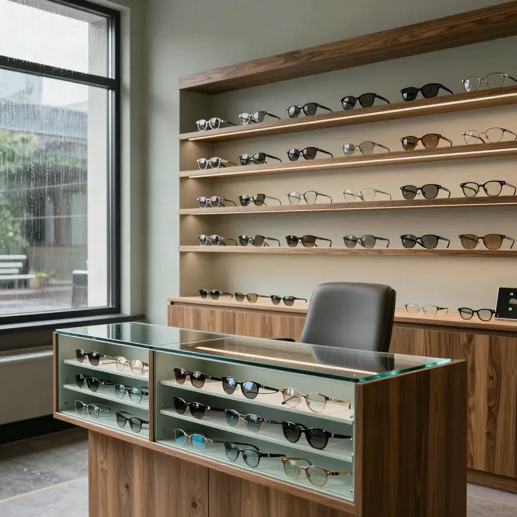 Luxe optiekzaak met brillenwand, glazenlades en meetstoel in zacht regenlicht.