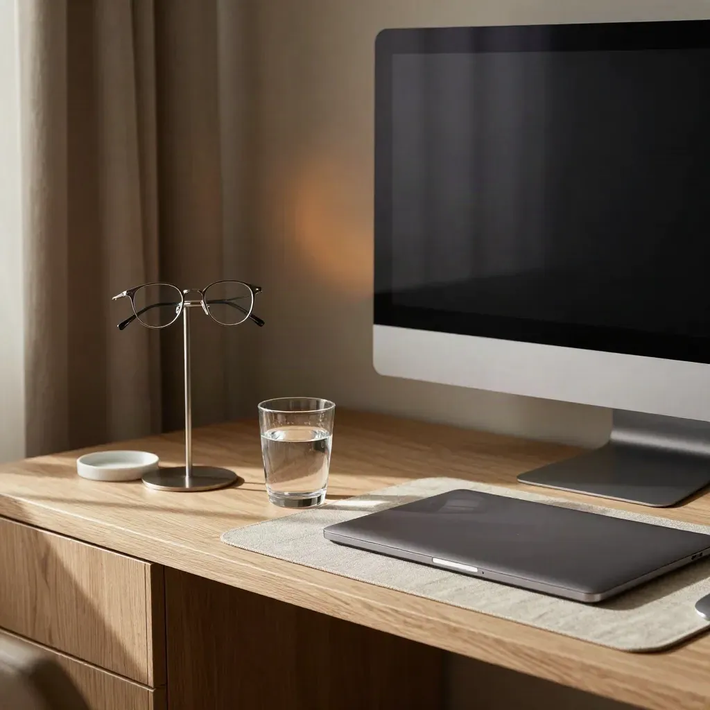 Thuiswerkhoek met monitor, leesbril, waterglas en gesloten laptop in warm daglicht.