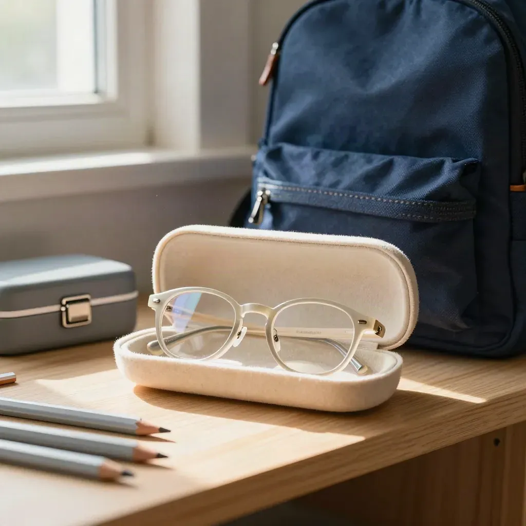 Kinderbril in open etui naast potloden, lunchbox en navy rugzak in warm ochtendlicht.