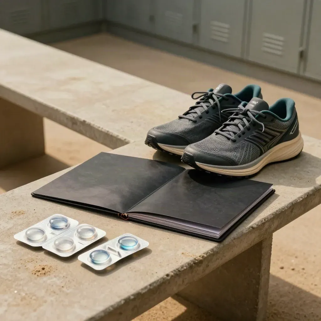 Daglenzenblisters, hardloopschoenen en een open werkmap op een rustige betonnen bank.