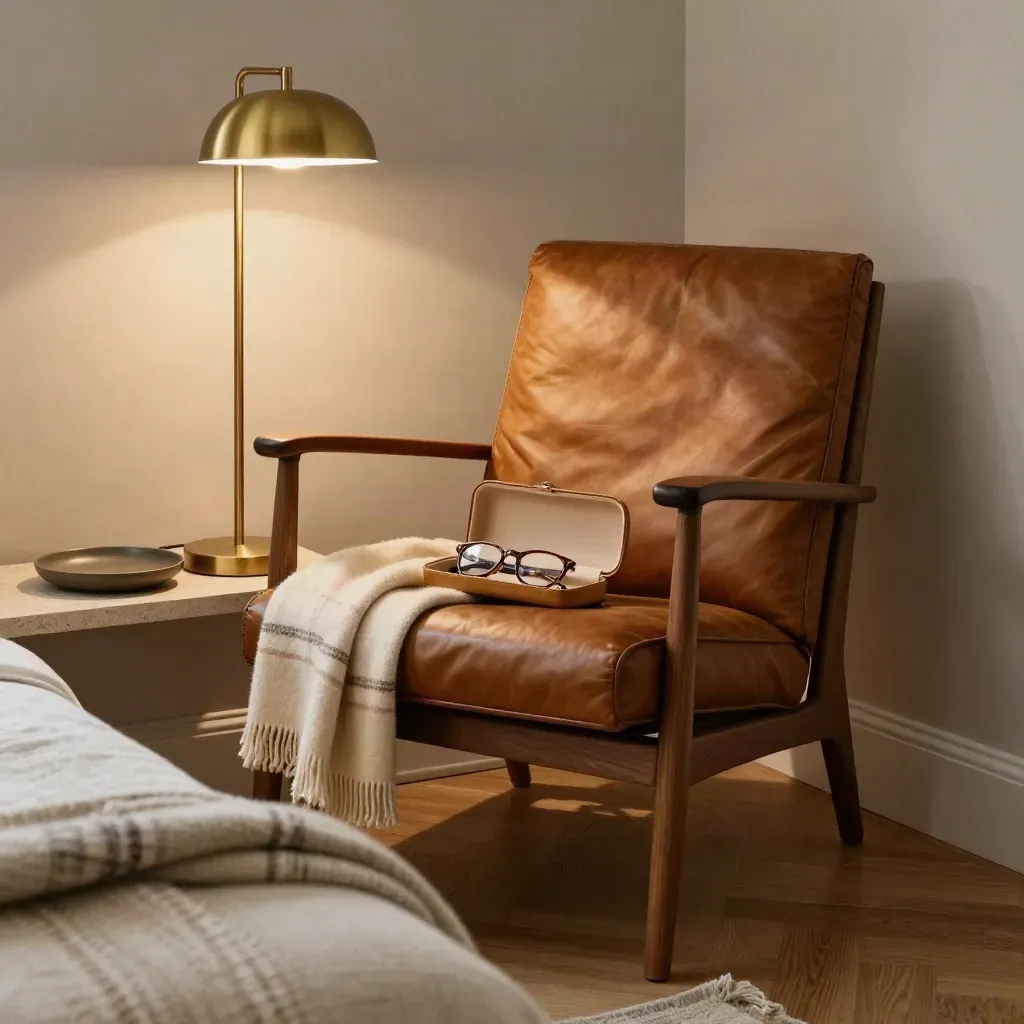 Leesstoel met lamp, brillencase en plaid in een rustige woonhoek.