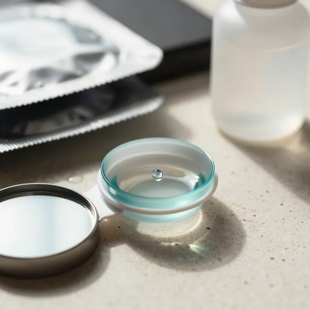 Close-up van contactlensblisters, een zoutoplossingsfles en een spiegeltray met condensdruppel.