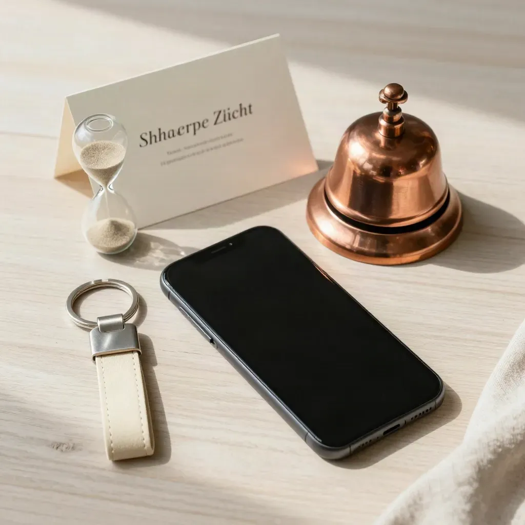 Top-down flatlay van smartphone, koperen bel, sleutelhanger en zandloper op licht hout.