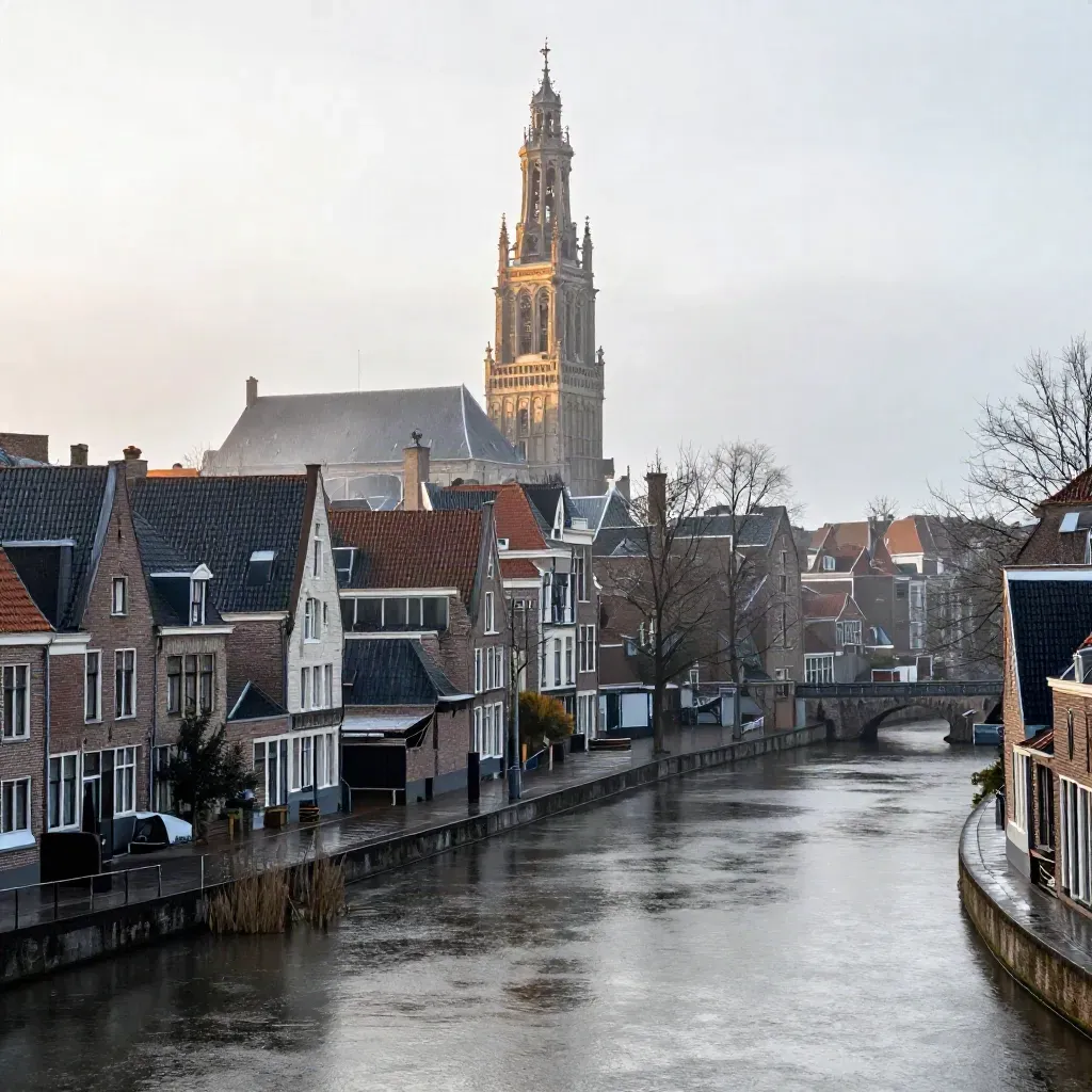 Domtoren boven natte Utrechtse singels in avondmist, met rustige waterreflecties.