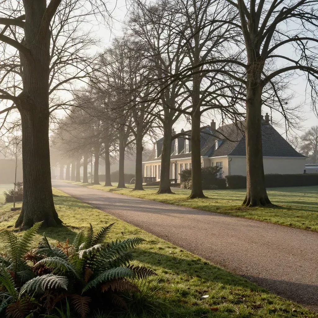 Statieke landgoedlaan bij Zeist in ochtendmist met bomen en villa-daken