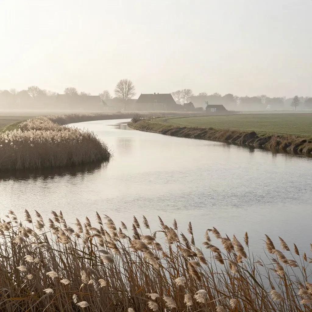Rietbocht in de Vecht met mist, waterreflectie en buitenplaatsdaken bij Gooi en Vechtstreek