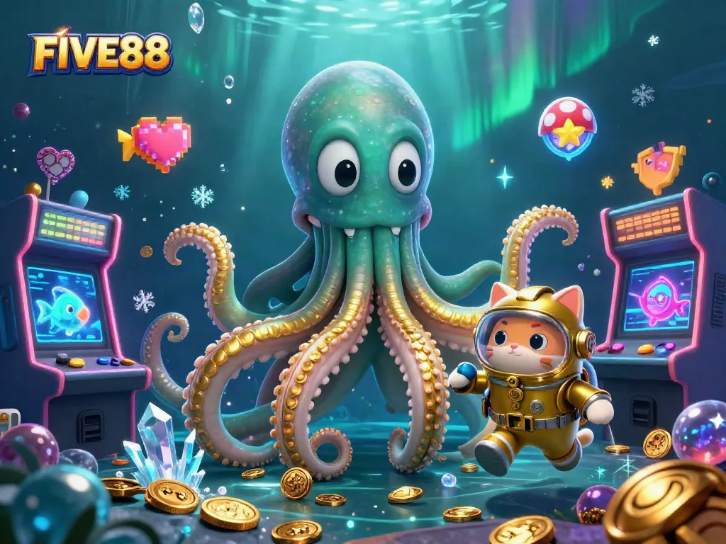 FIVE88 captures excitement with a kraken and diving cat in a treasure-filled underwater casino adventure.