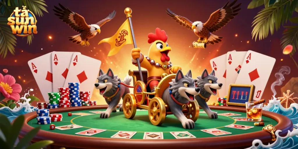 Engage in gaming excitement with tải sun win featuring a rooster warlord and poker elements.