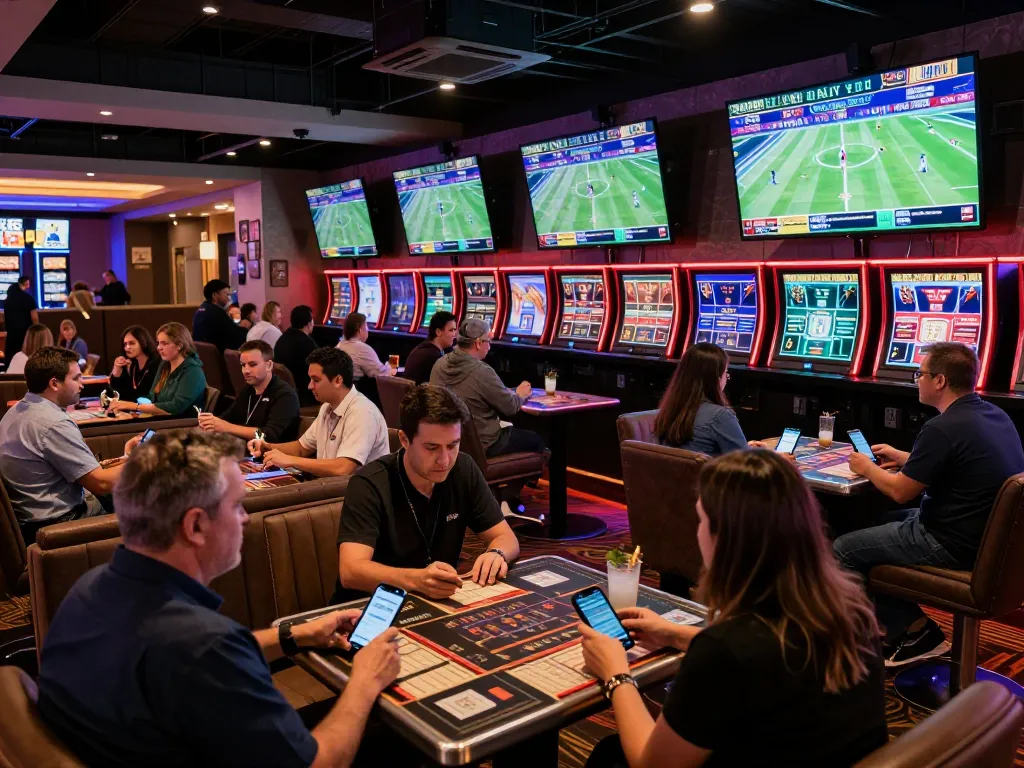 Sports bettors engaging with TIP88 mobile app while watching live games in a vibrant casino lounge.