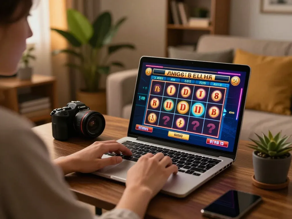 Player engaging in online casino gaming at home, exploring exciting o8 slots on a laptop in a cozy environment
