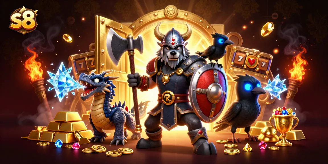 Experience thrilling action at s8 with a cartoon Viking warrior, dragon, and gems in a vibrant casino scene.