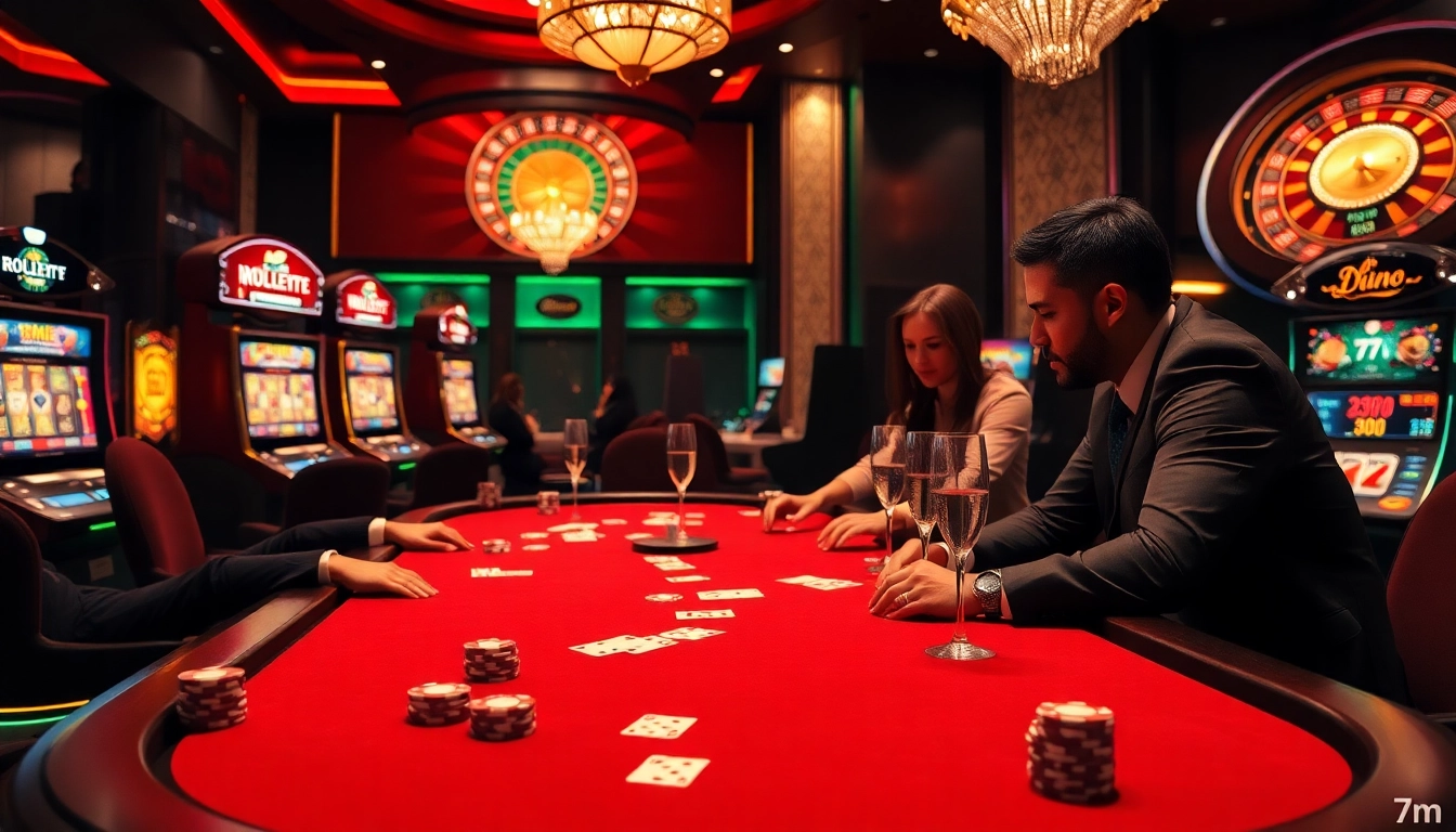 High-stakes poker game at an opulent casino with 7m chips scattered across the table.