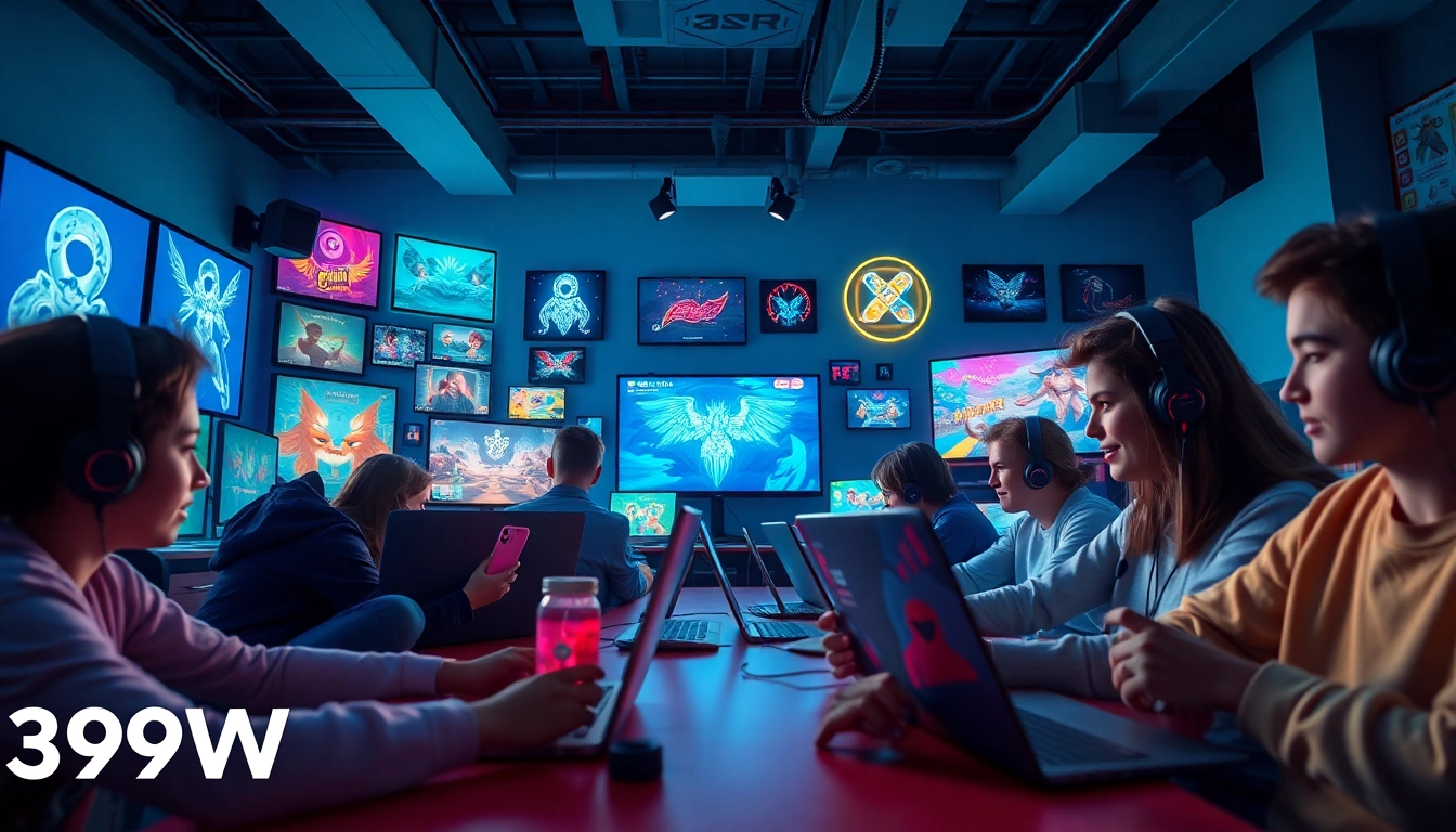 Engaging scene of the 399W online gaming hub with users exploring casual games and sound experiences.