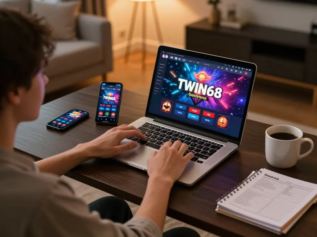 TWIN68 gaming setup showcasing a player engaged with online casino, laptop screen displaying dynamic game interface.