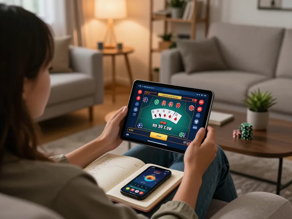 Engaging in online gaming at home with a cozy setup, featuring Link vào Red88 on a tablet.