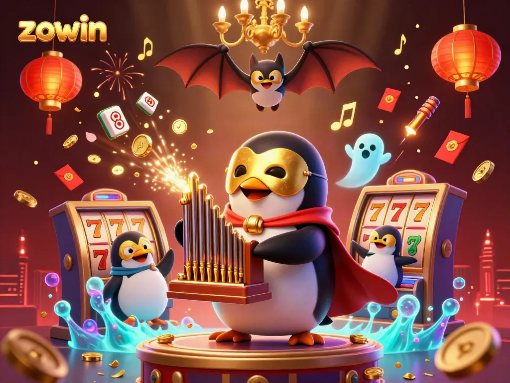 Zowin combines an opera penguin and a bat acrobat in a vibrant, animated casino scene.