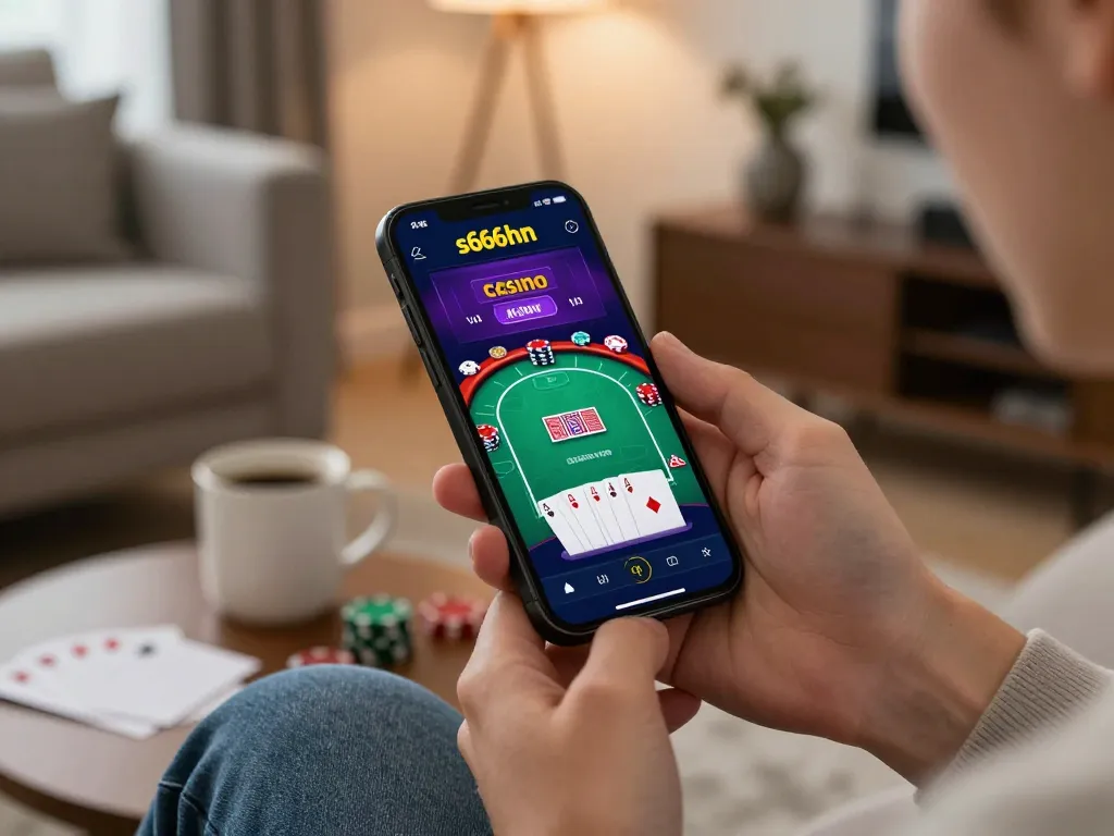 S666HN user engaging with casino app on smartphone in cozy home setting