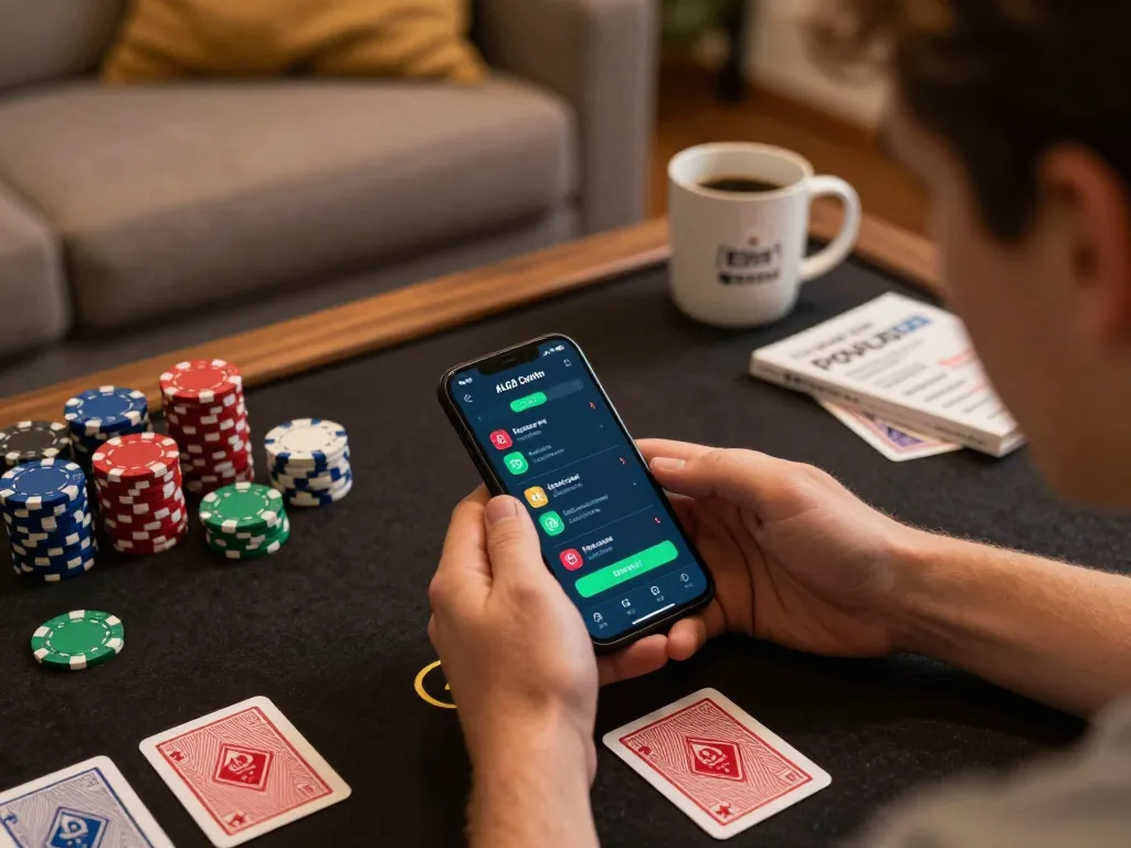 Player using ALO8 Center app for poker gaming at home, showcasing immersive online gambling experience.