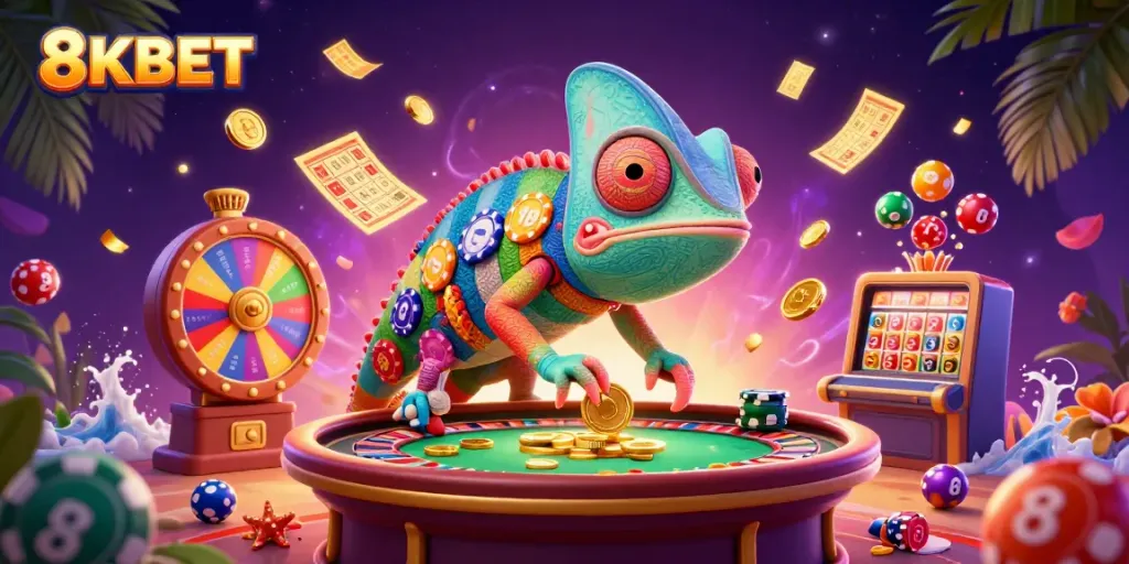 Engage in thrilling gameplay with 8KBET's vibrant and dynamic casino scene featuring colorful elements and a lively chameleon.